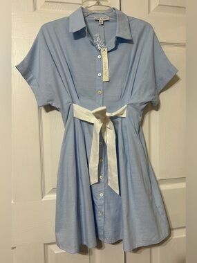 She + Sky Blue Cotton Mini Shirt Dress With Pockets White Tie Belt NWT Size S